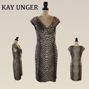 Kay Unger Black and Cream Animal Print Midi Dress